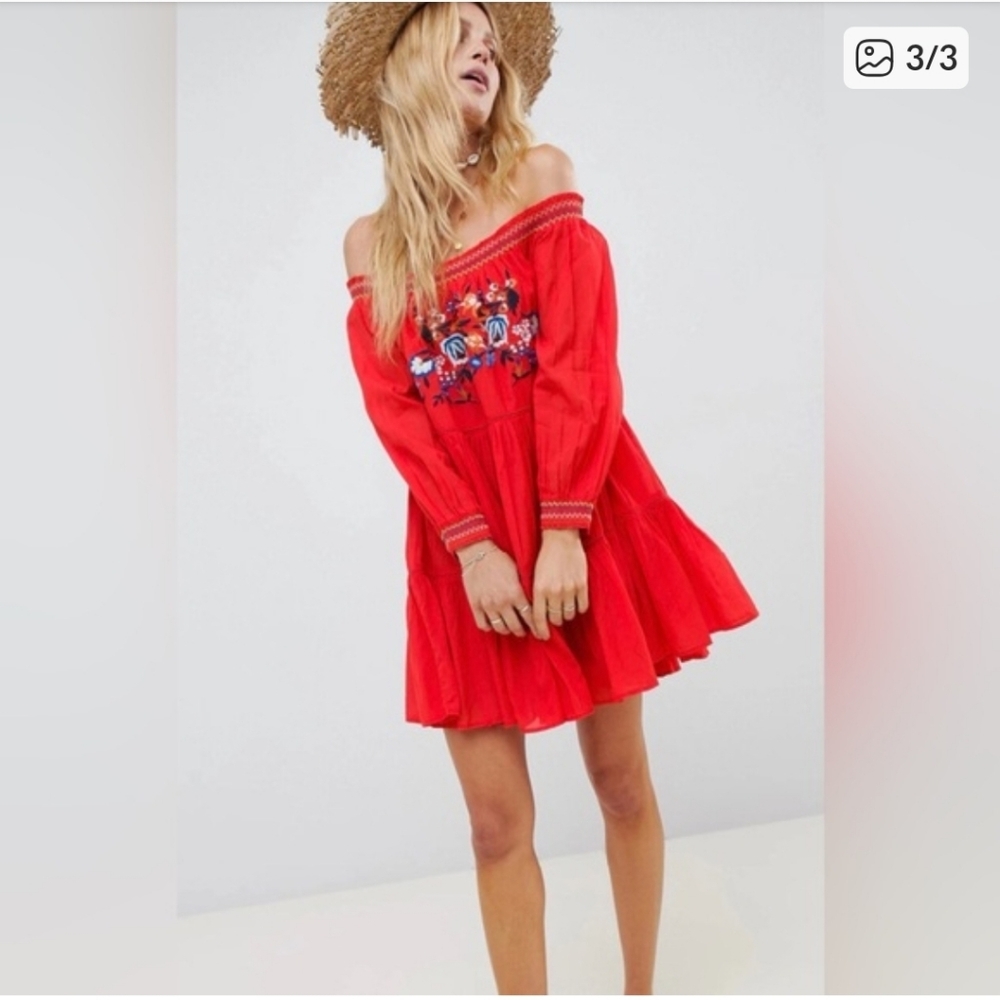 Like New Free People Red Embroidered Tiered Mini Skirt